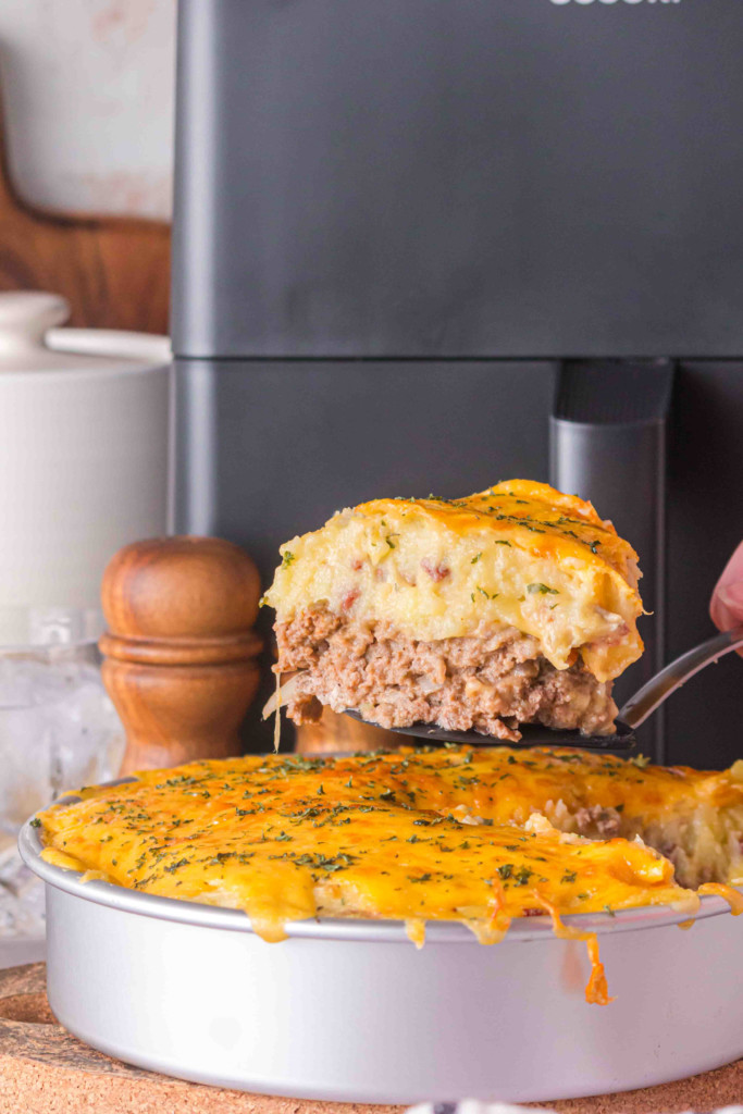 air fryer meatloaf casserole in air fryer ready to serve