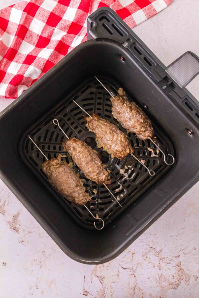 Air Fryer Ground Beef Kebabs in the air fryer basket